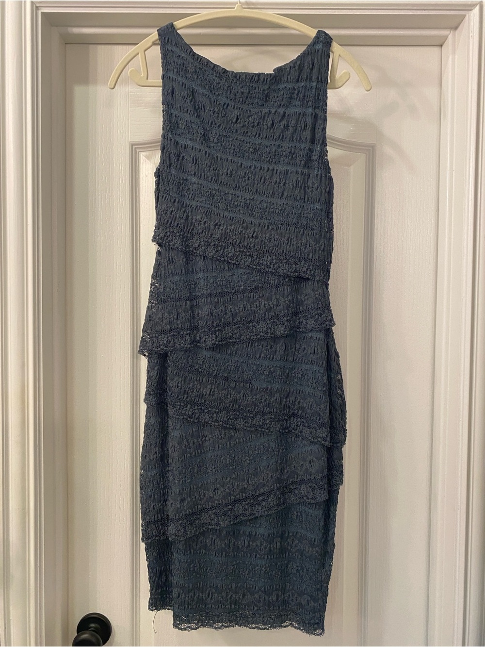 Bailey 44 Ines Navy Blue Asymmetric Tiered Lace Sleeveless Bodycon Midi Dress